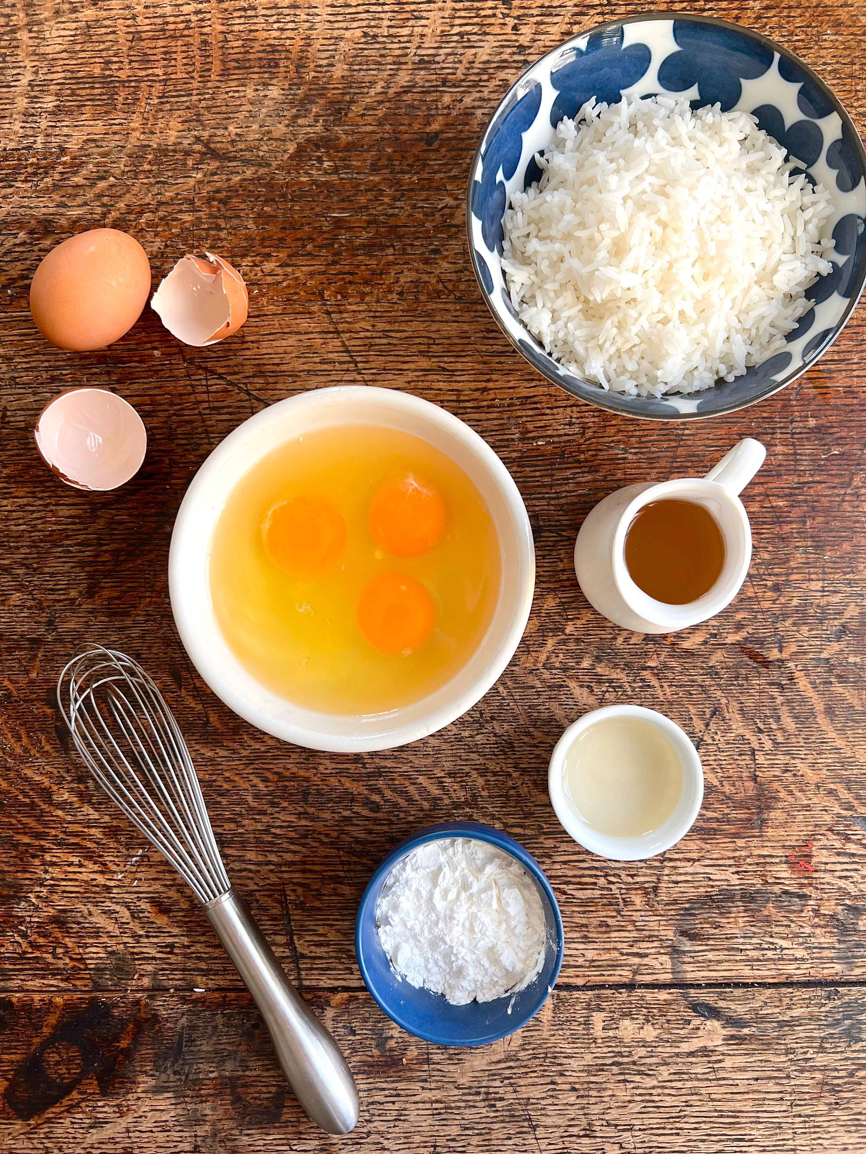Ingredients for scrambled eggs on rice. Food/prop styling/photography by Marisa Curatalo