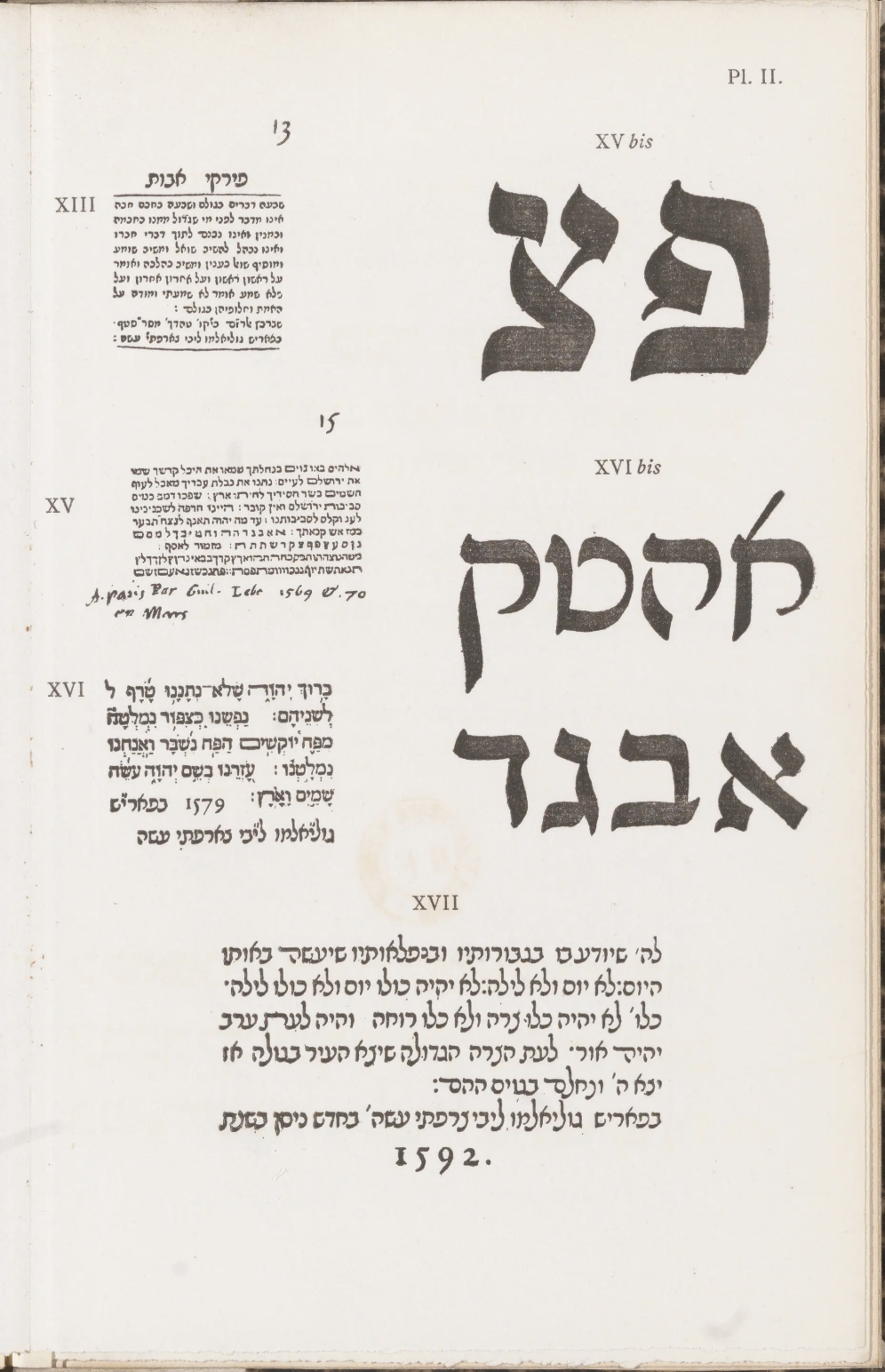 Closeup of two Le Bé Hebrew letterforms from a page of type specimens. He is best known for range of Hebraic typefaces that were used worldwide until the eighteenth century. Jewish scribes used the quill as their writing tool and were influenced by Gothic Latin.