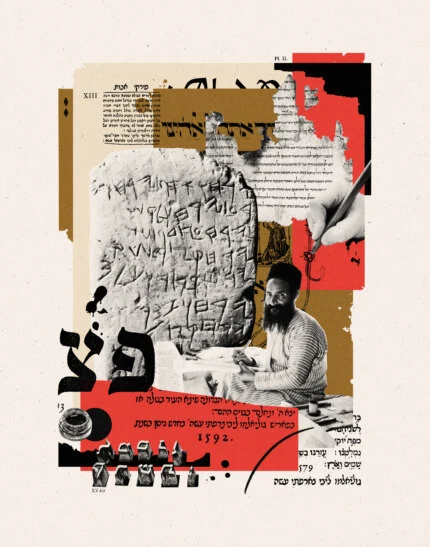 Collage combining Hebrew text, historical printing imagery, and handwritten calligraphy, featuring an engraved stone tablet, a hand drawing with a pen, and a bearded man writing