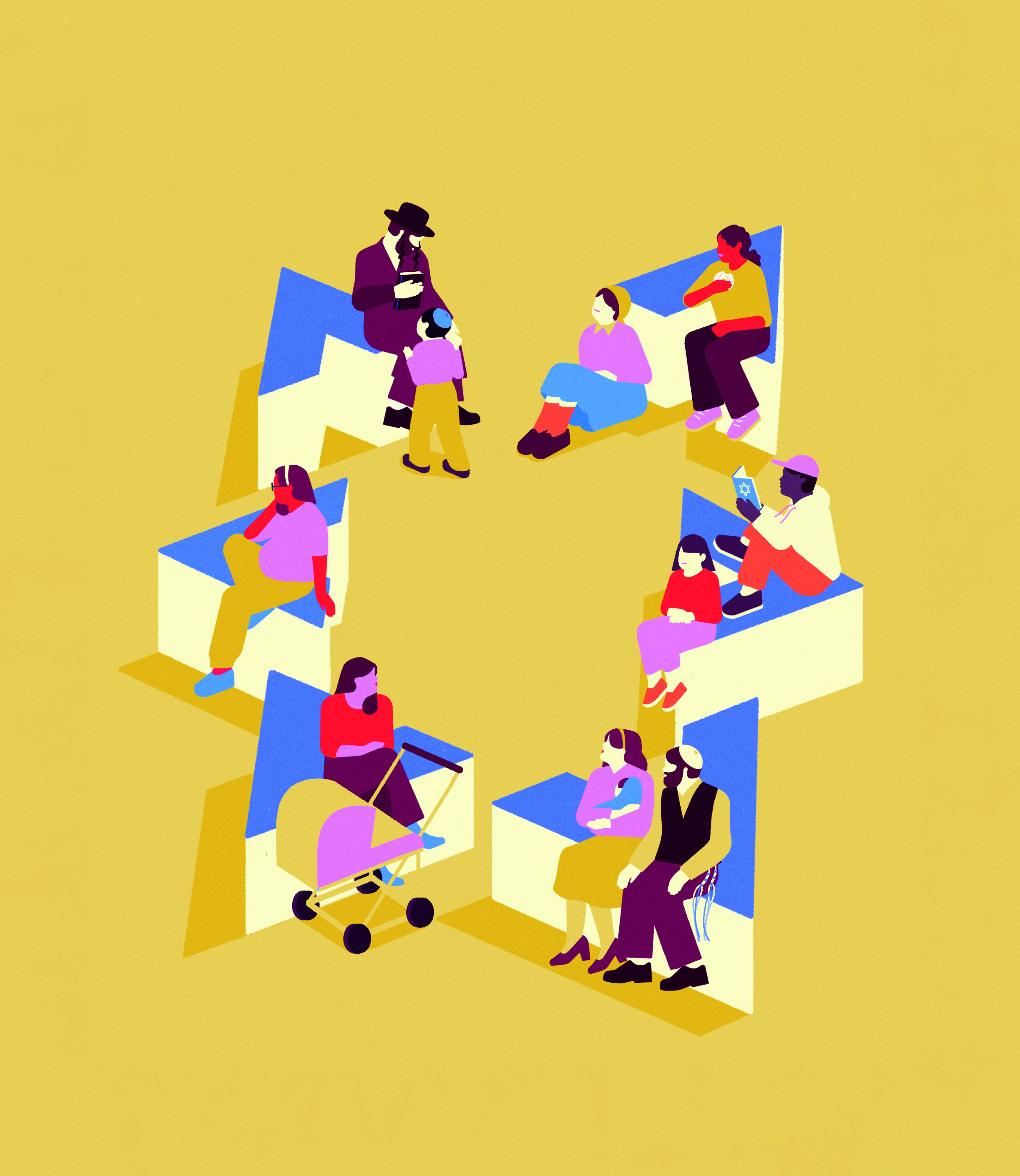 Illustration of several people sitting on benches formed in the shape of the Star of David
