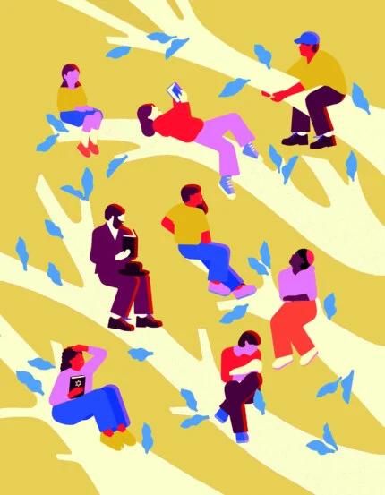 Illustration of several people relaxing in the limbs of a tree. Some are reading books