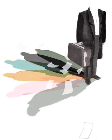 Illustration of headless man carrying a briefcase that is overflowing with papers