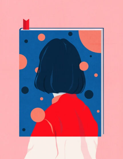 Illustration of a person seen from behind, wearing a red garment and blending into a book cover with a blue background and circular shapes