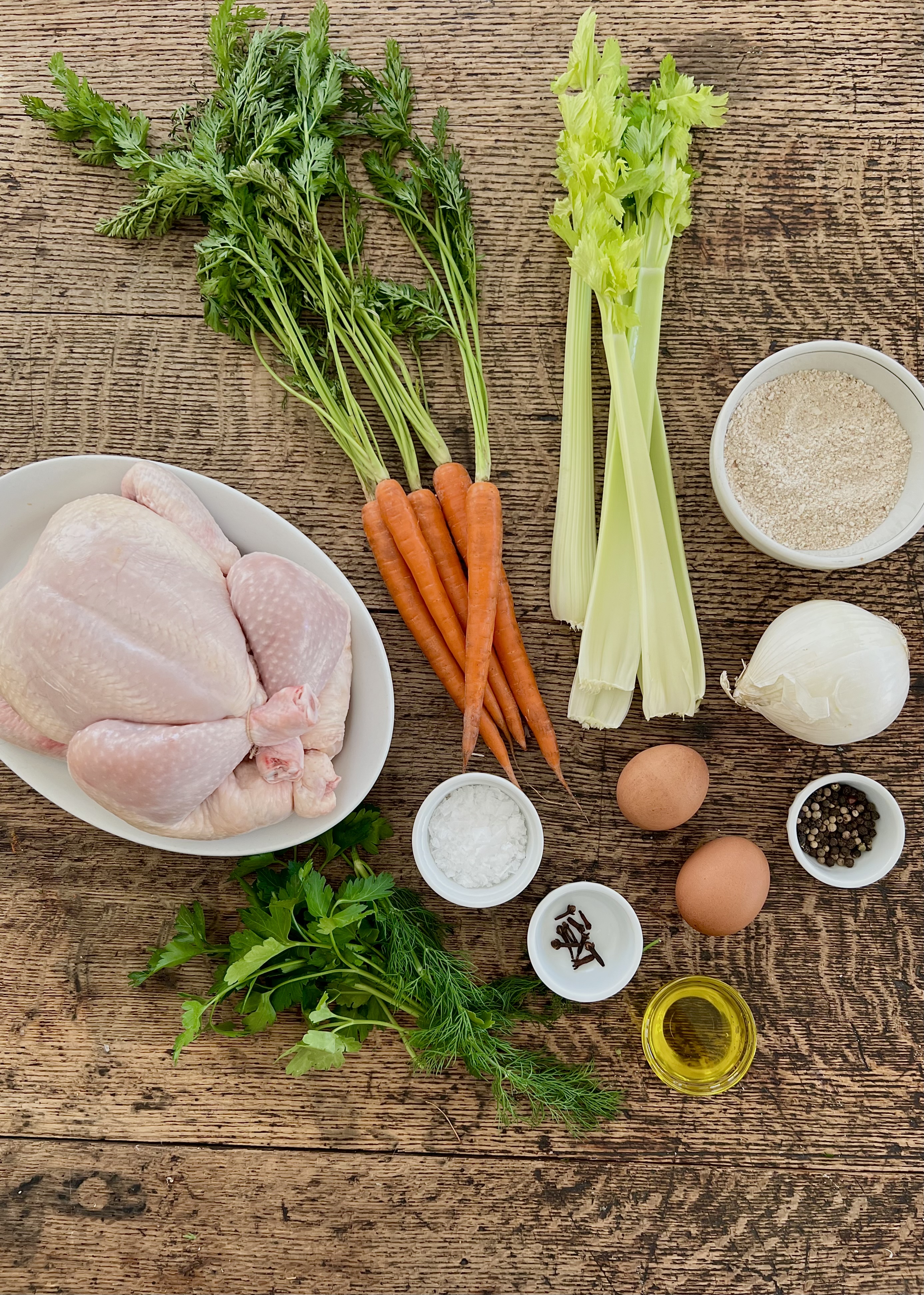 Chicken soup with matzah balls ingredients. Photo/food/prop styling by Marisa Curatalo