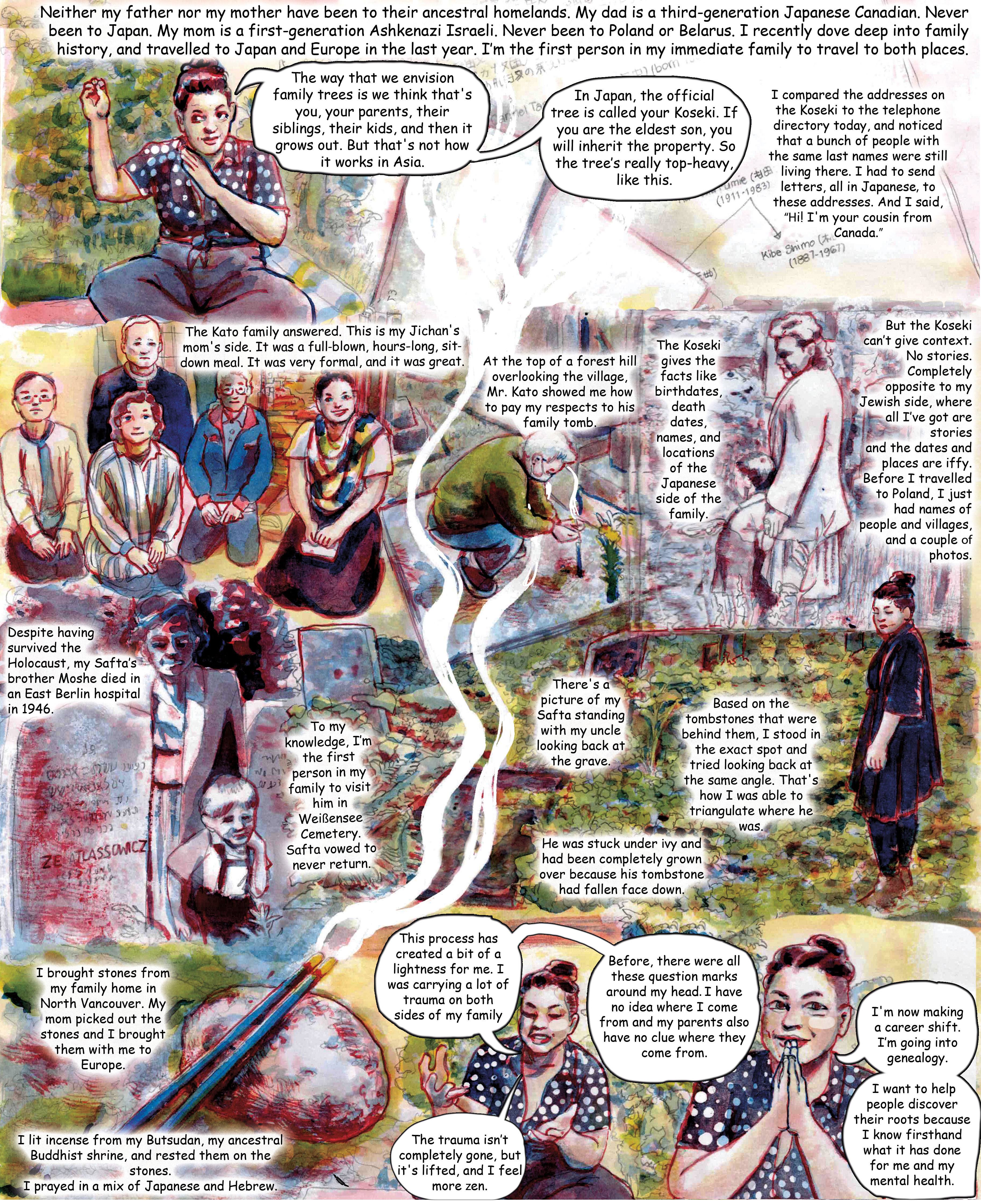 Watercolour comic memoir of a woman with Japanese-Canadian and Ashkenazi Israeli parents visiting ancestral sites in Japan and Berlin, learning about the Koseki registry and the Kato family, finding her great-uncle Moshe’s grave in Weißensee Cemetery, praying with stones and incense from her Buddhist shrine, and finding peace through genealogy.